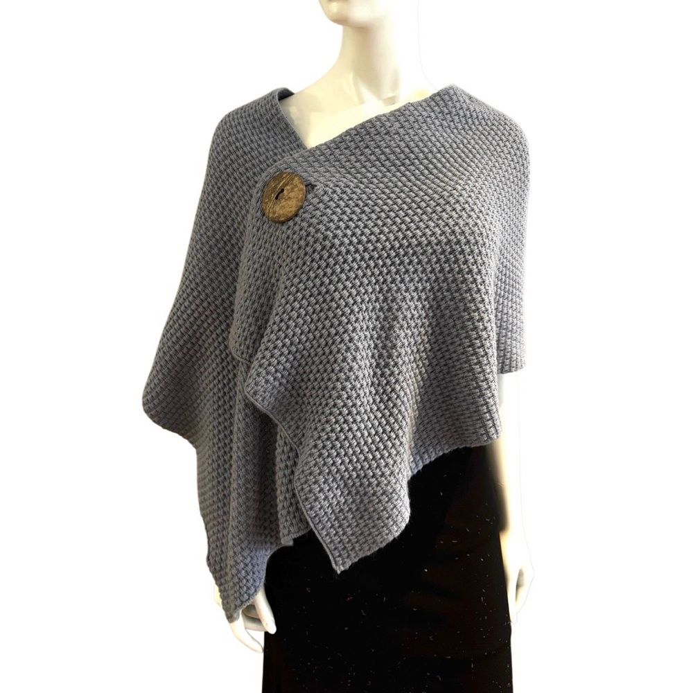 Artisan Knit Pattern Poncho Scarf Wrap with Button Detail